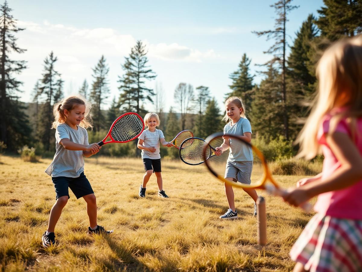 Barn spelar racketsport på en gräsyta i skandinavisk natur